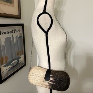 Le Sac Two-Tone Straw Clutch Bag Brown & Tan | Velvet Lined Chain Strap New